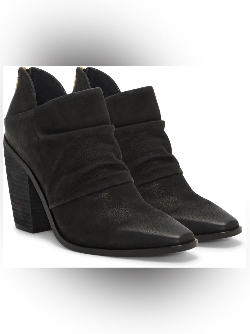NWT Vince Camuto Ainsley Black Suede Pointed Ruched Block Heel Booties